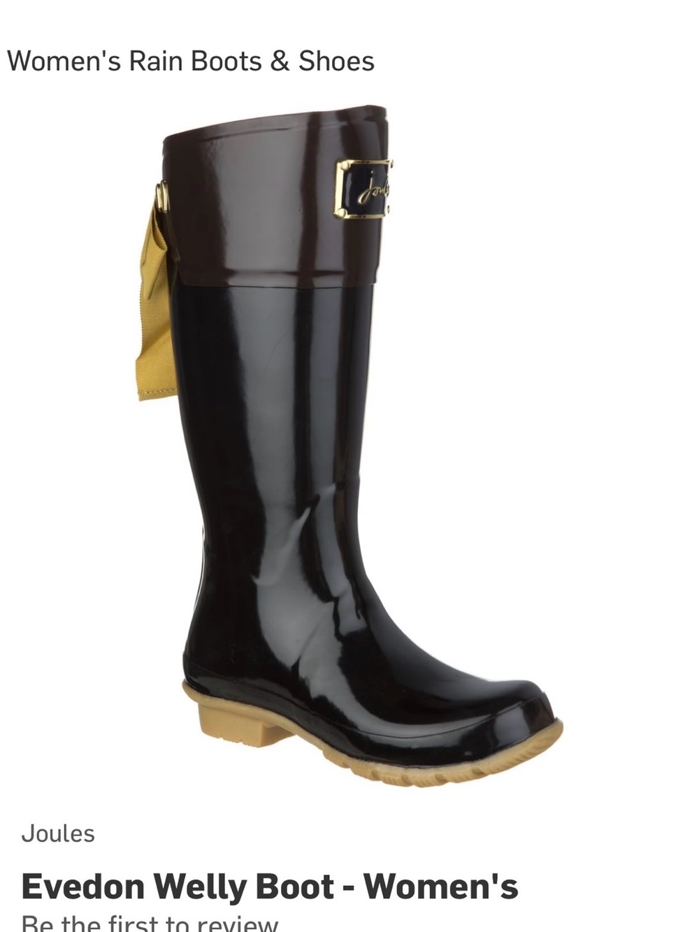 Joules Black and Brown Glossy Tall Rain Boots with Tan Trim